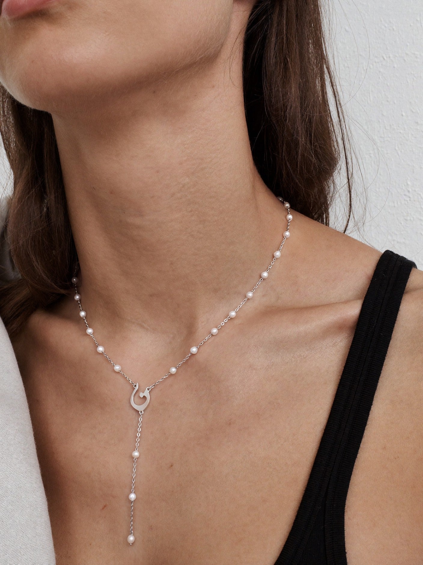 Editorial — SOLENE. Initial Pearl Necklace in 925 silver — on model