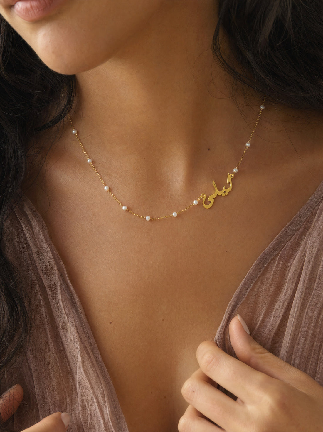 Editorial — SOLENE. Arabic Pearl Name Necklace in 21k gold — on model