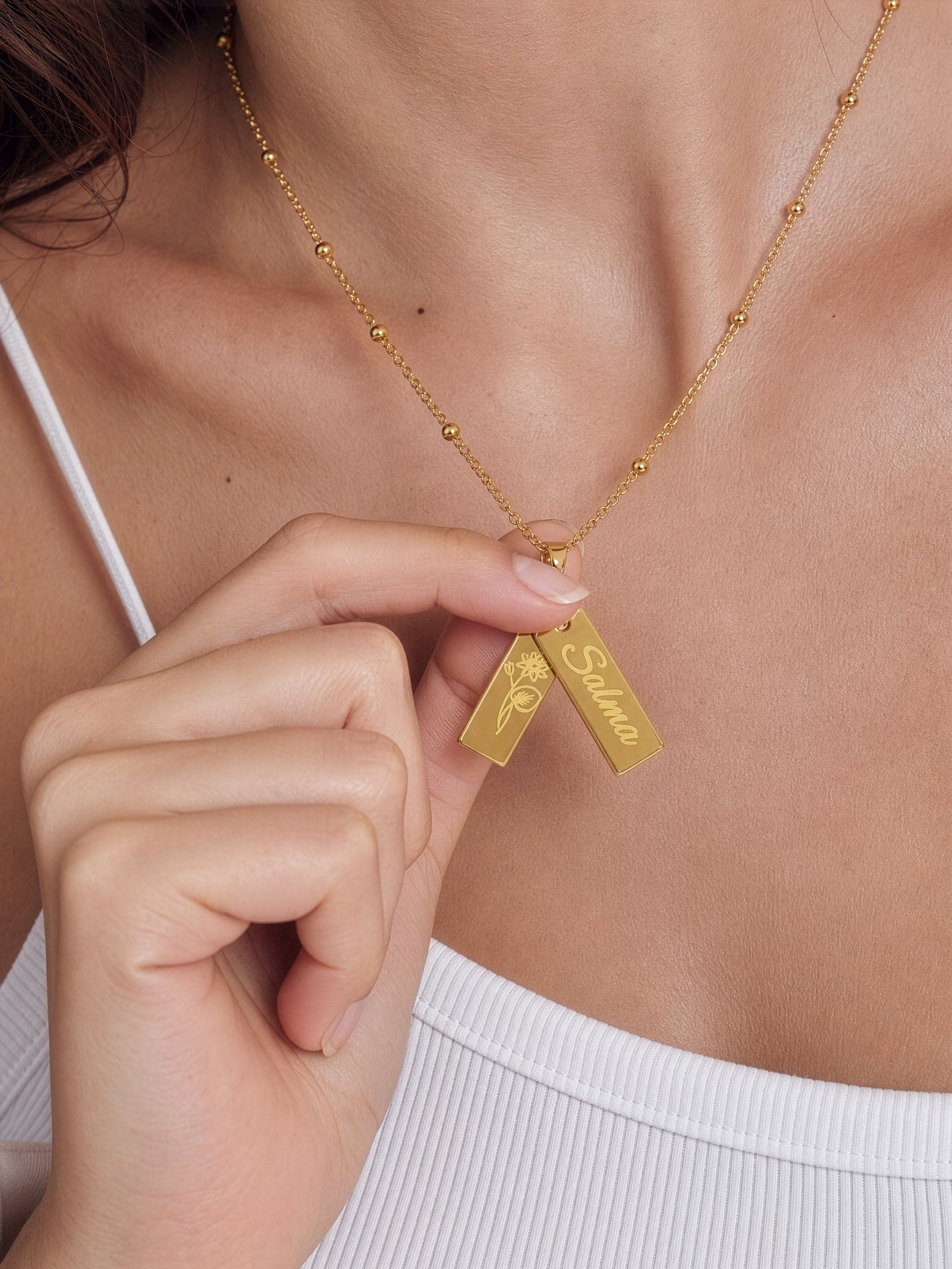 Editorial — SOLENE. Birth Flower Necklace in 21k gold — on model