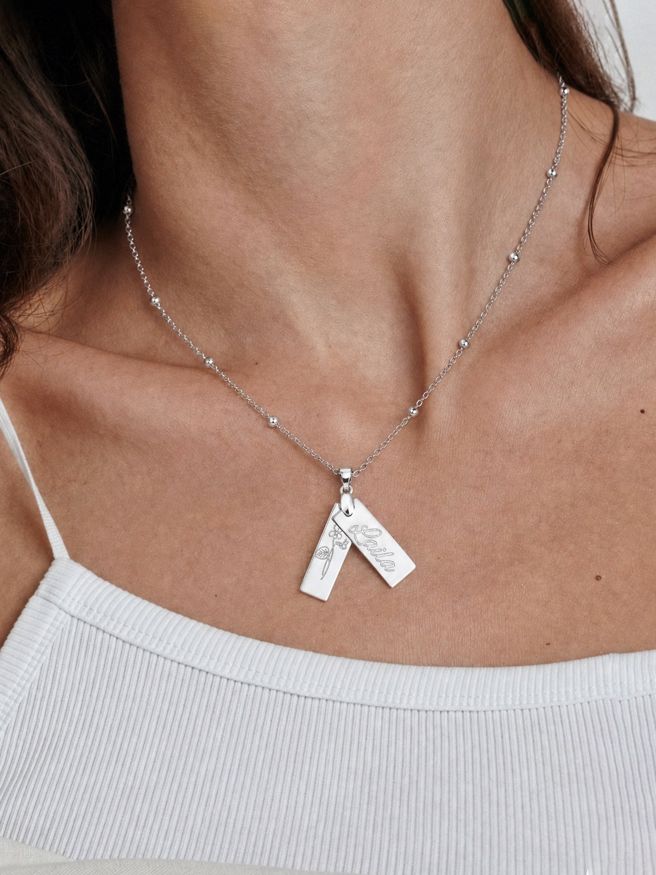 Editorial — SOLENE. Birth Flower Necklace in 925 silver — on model