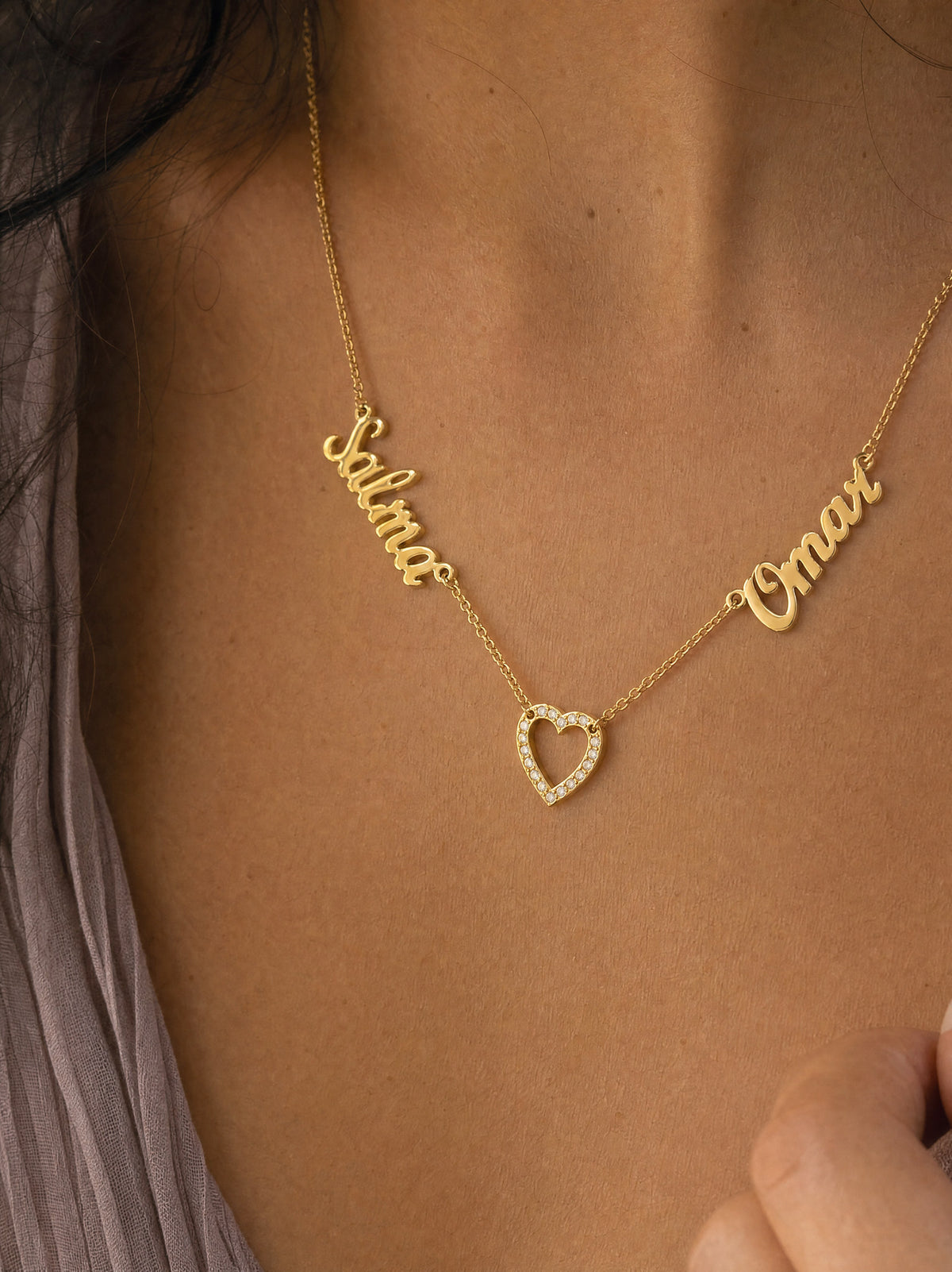 Editorial — SOLENE. Duet Names Necklace in 21k gold — on model
