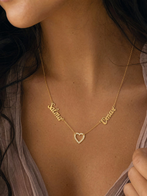 Editorial — SOLENE. Duet Names Necklace in 21k gold — on model