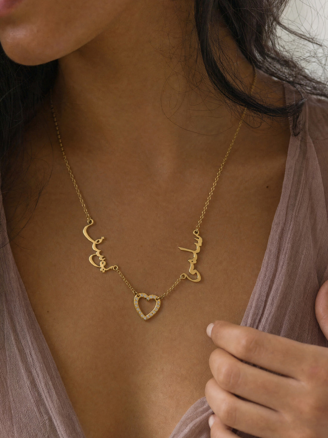 Editorial — SOLENE. Duet Names Necklace in 21k gold — on model