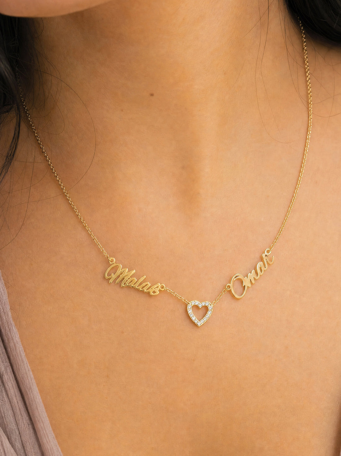 Editorial — SOLENE. Duet Names Necklace in 21k gold — on model