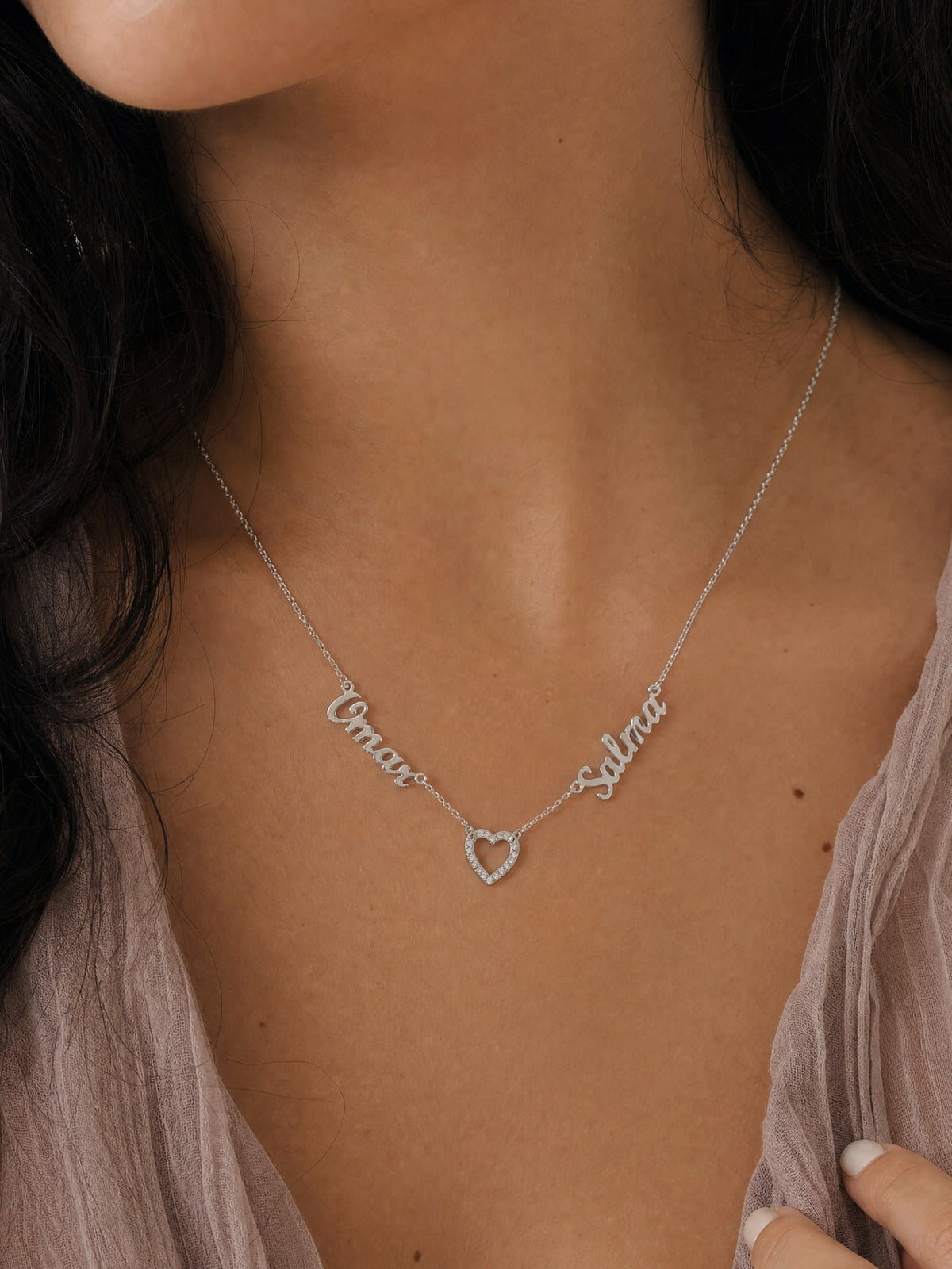 Editorial — SOLENE. Duet Names Necklace in 925 silver — on model
