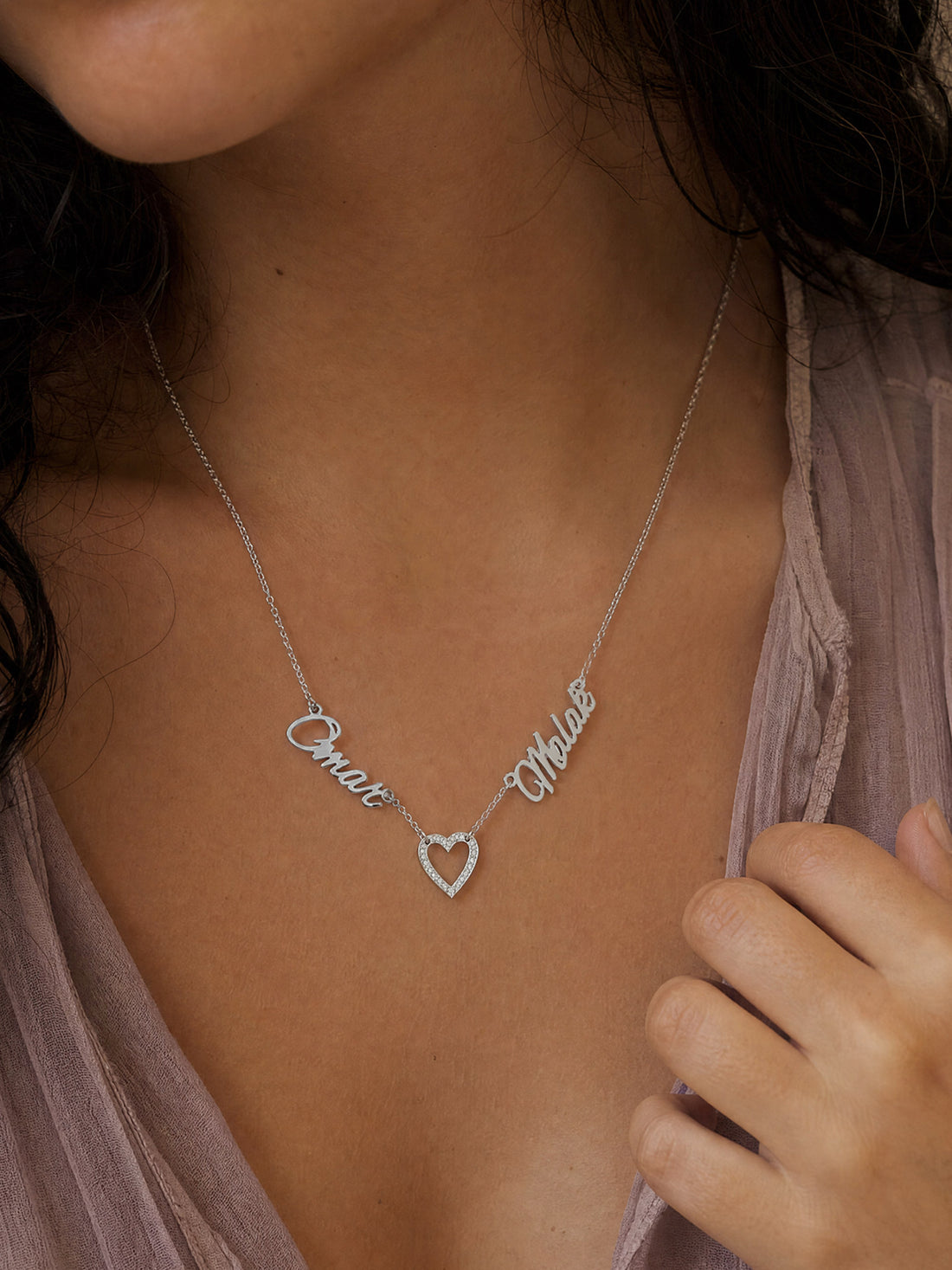 Editorial — SOLENE. Duet Names Necklace in 925 silver — on model