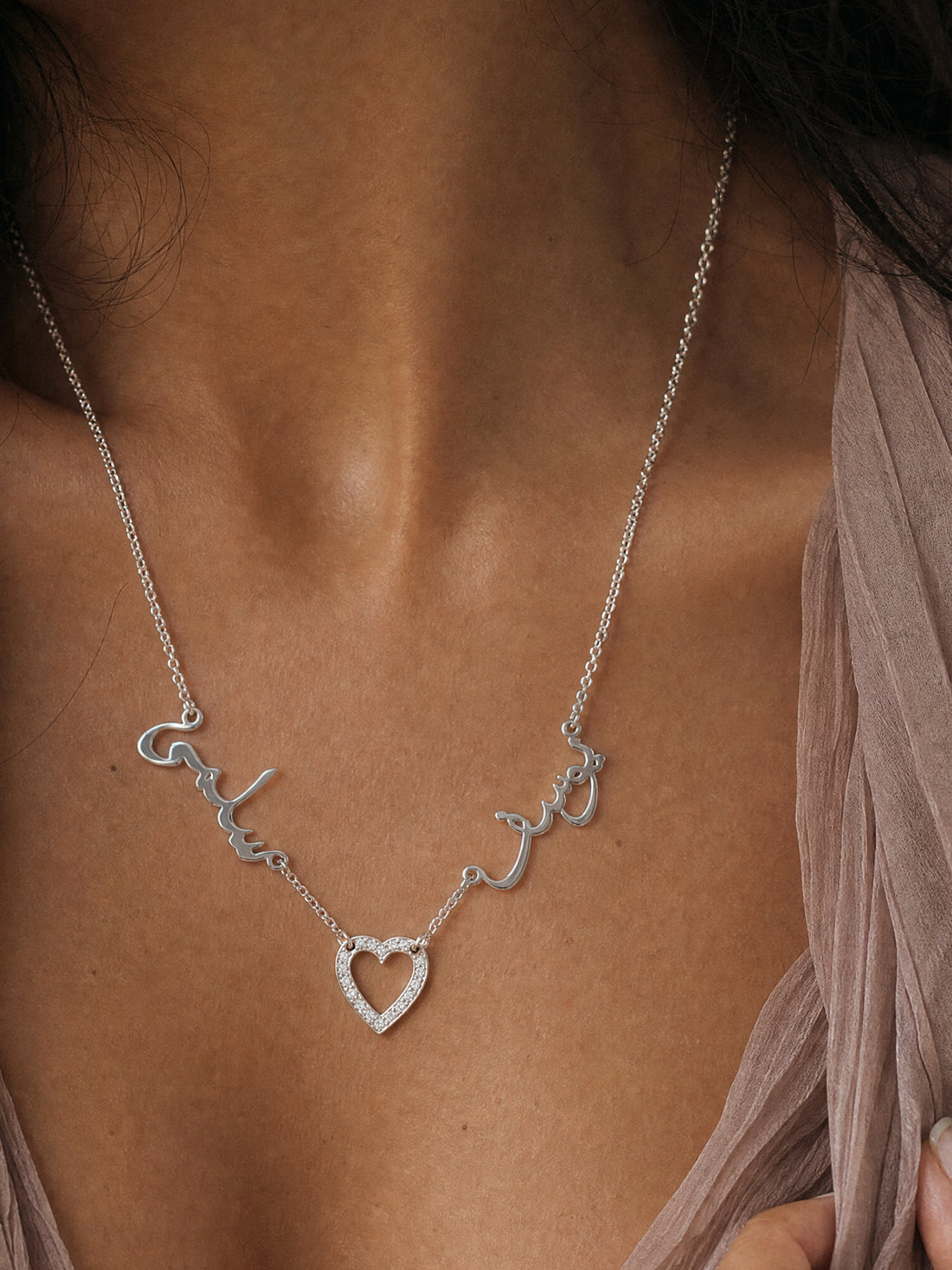 Editorial — SOLENE. Duet Names Necklace in 925 silver — on model