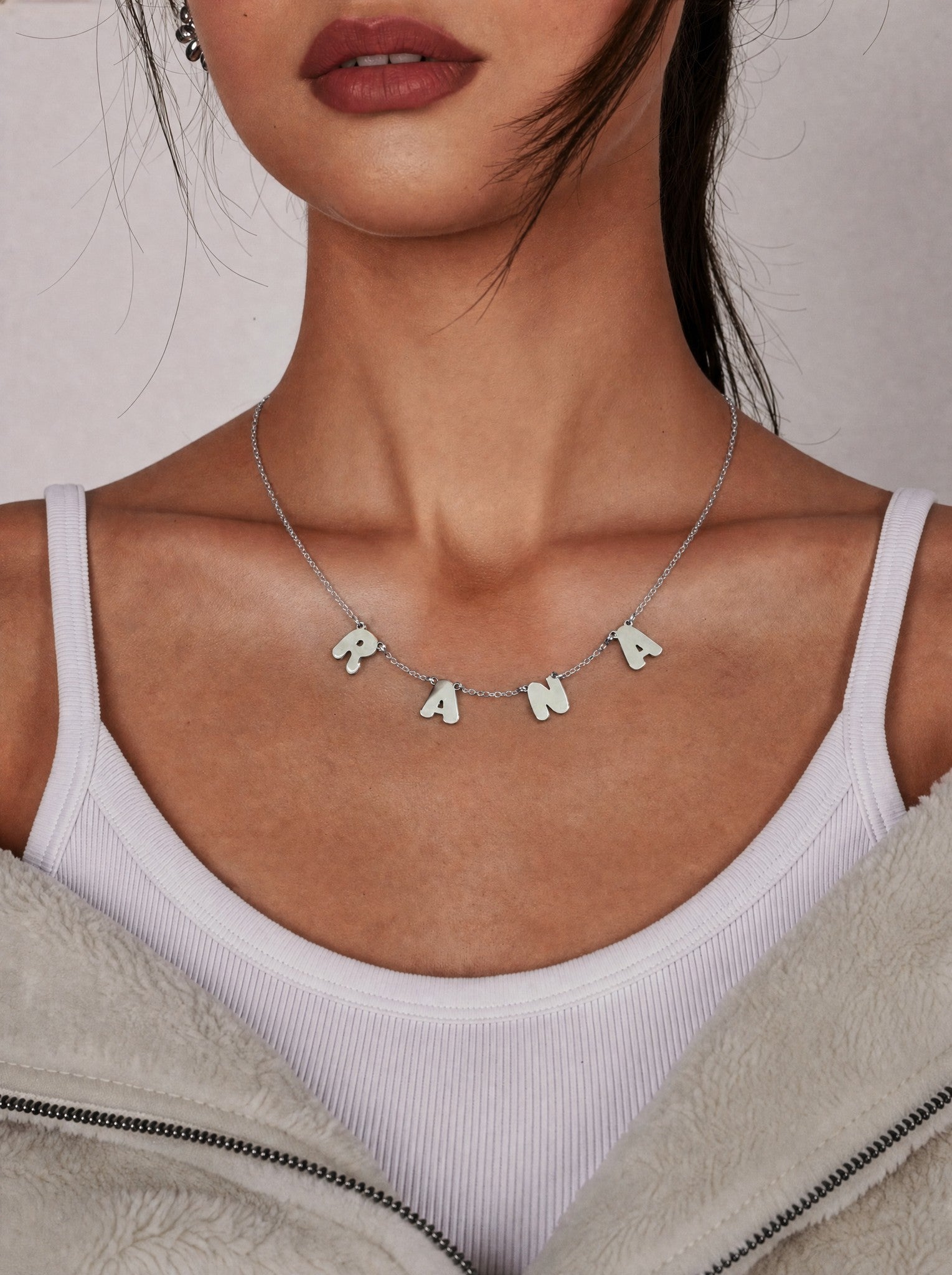 Editorial — SOLENE. Floating Letters Necklace in 925 silver — on model