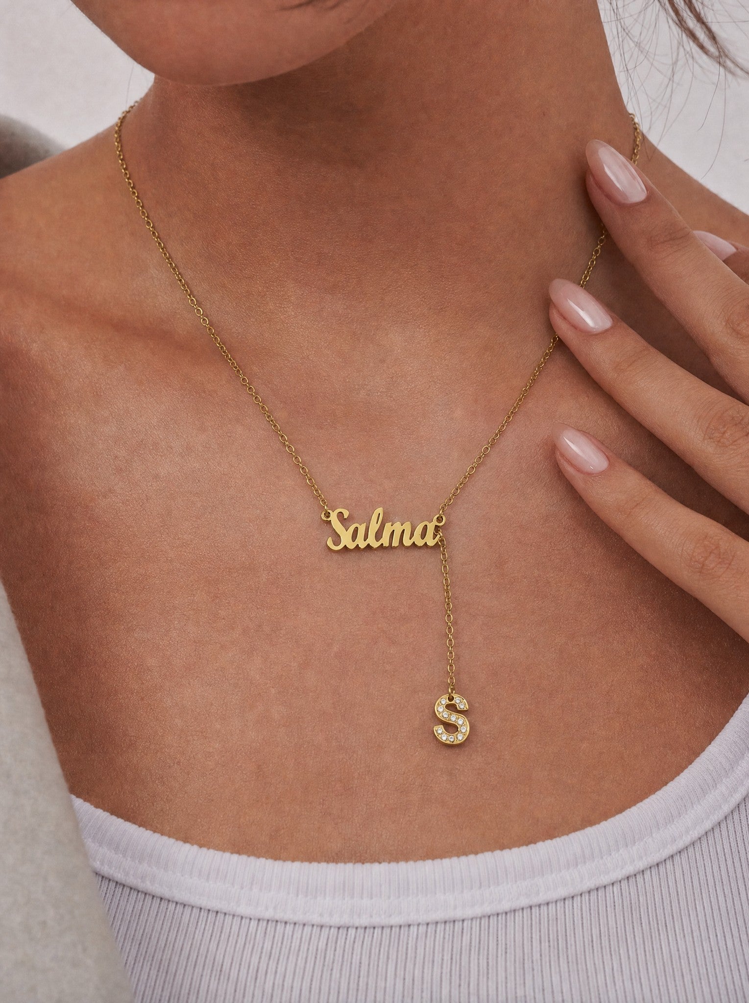 Editorial — SOLENE. Initial Drop Necklace in 21k gold — on model