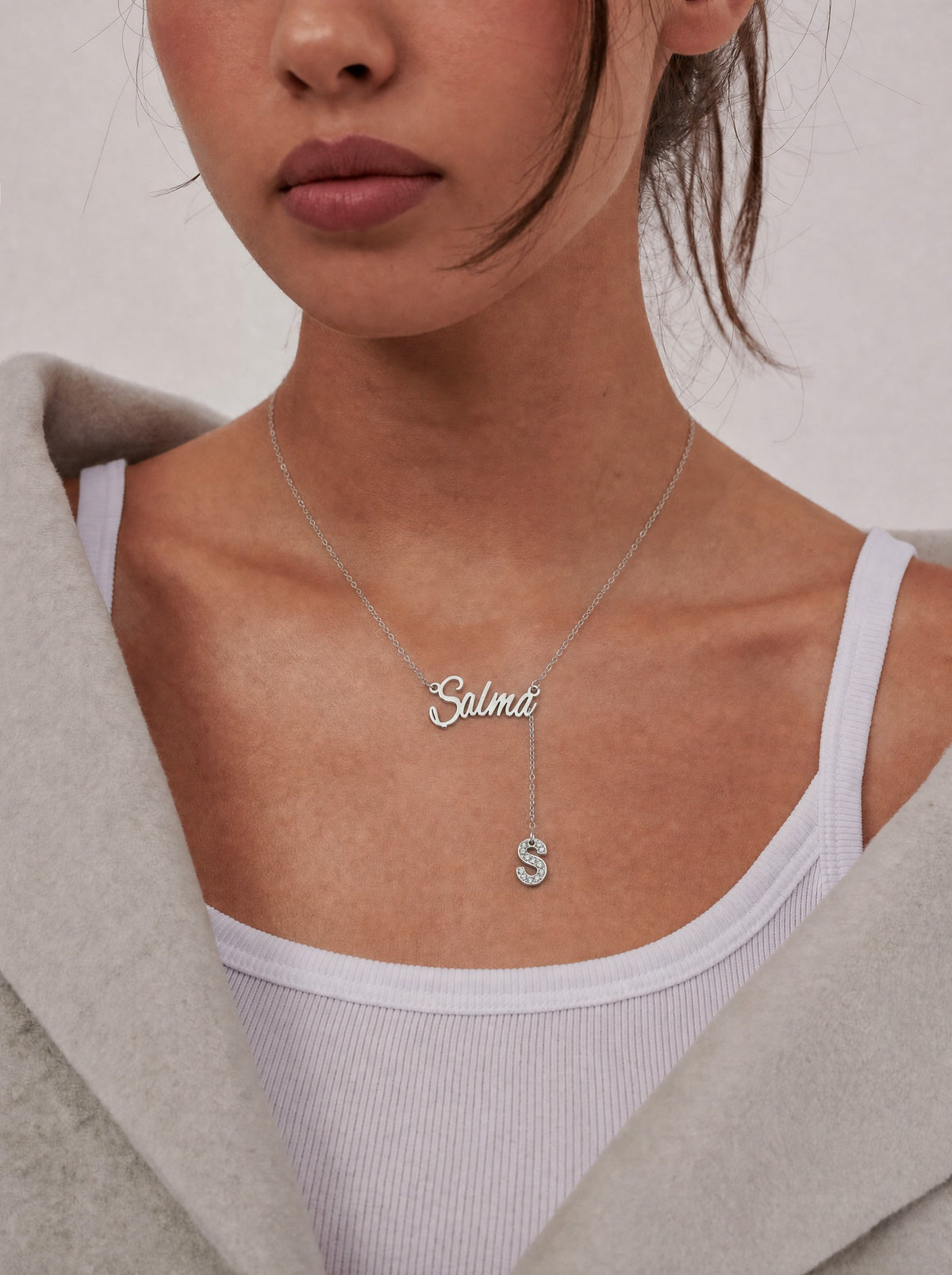 Editorial — SOLENE. Initial Drop Necklace in 925 silver — on model