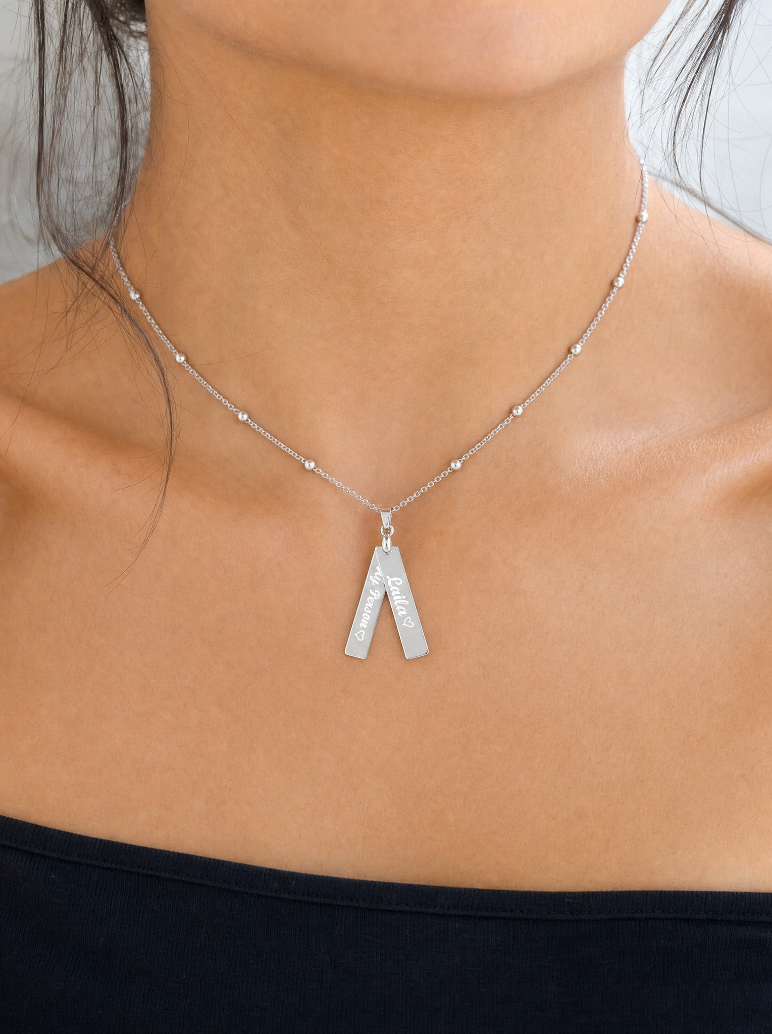 Editorial — SOLENE. Keepsake Tags Necklace in 925 silver — on model