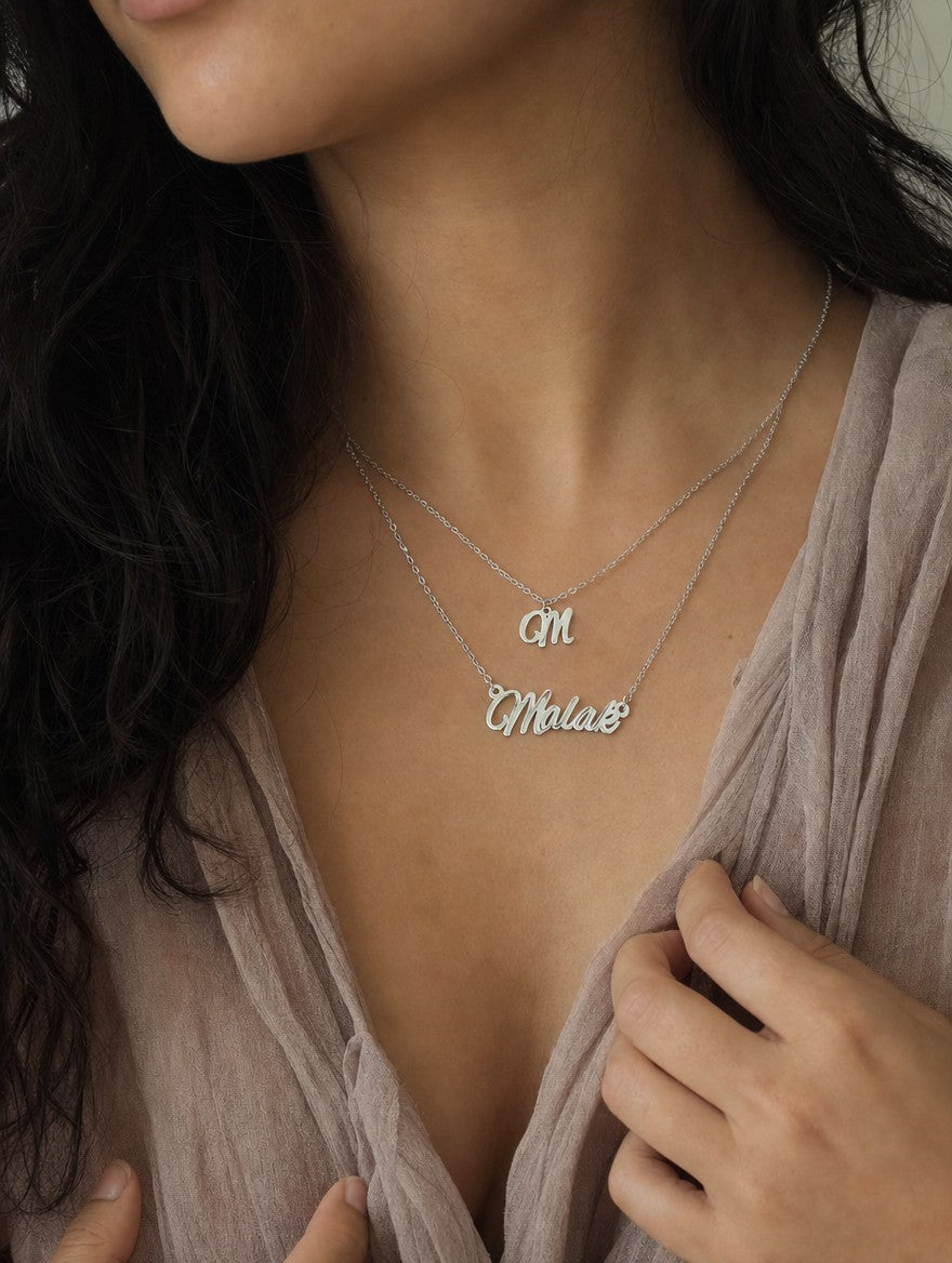Editorial — SOLENE. Layered Initial & Name in 925 silver — on model