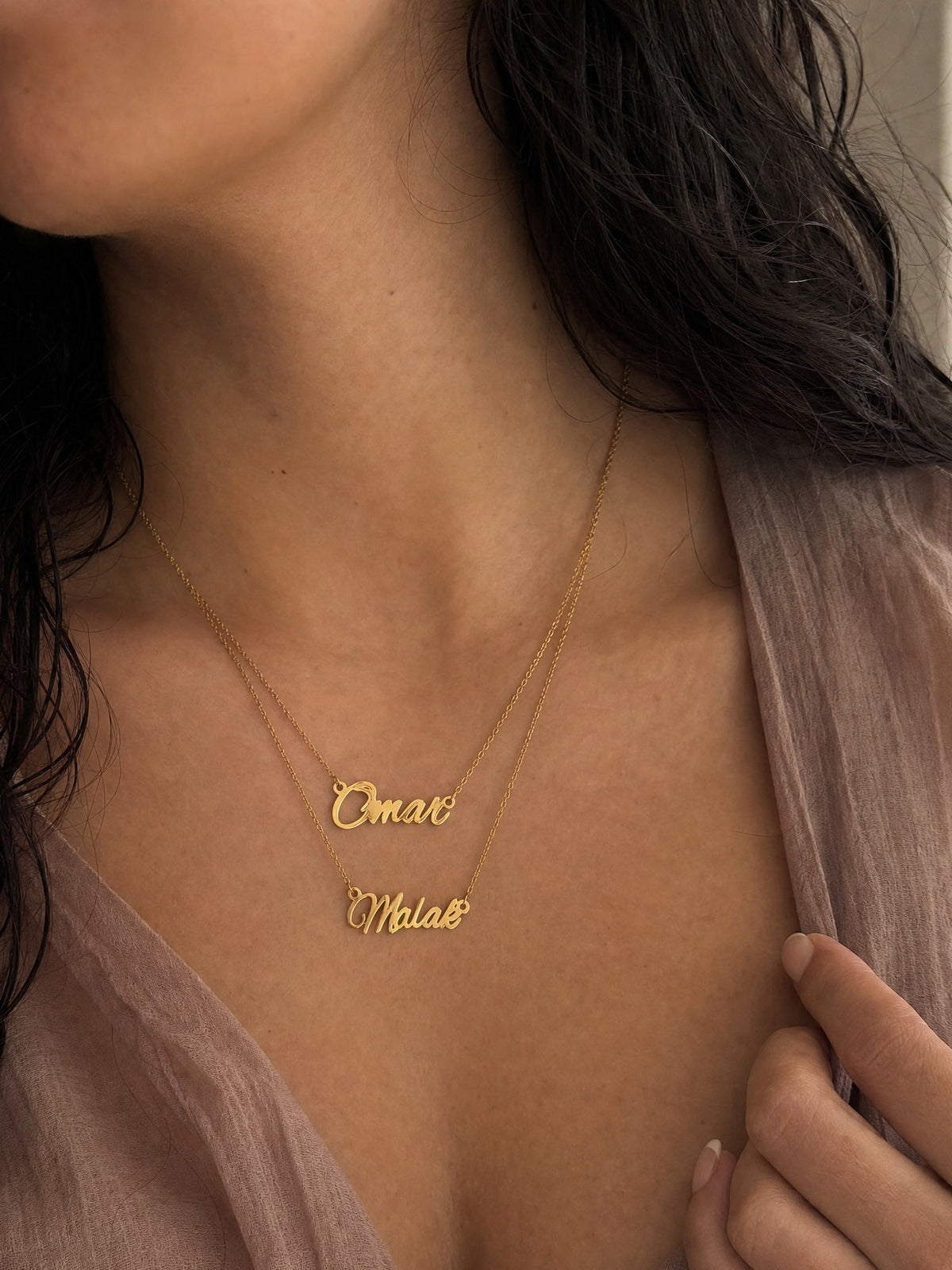 Editorial — SOLENE. Layered Names Necklace in 21k gold — on model