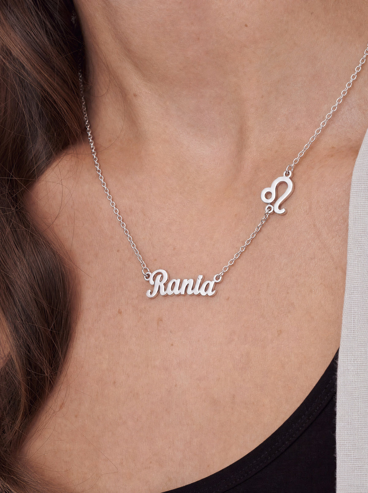 Editorial — SOLENE. Zodiac Name Necklace in 925 silver — on model